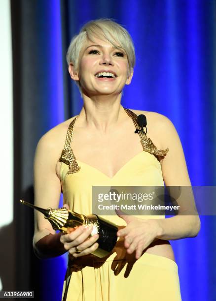 Actress Michelle Williams speaks onstage at the Cinema Vanguard Award during the 32nd Santa Barbara International Film Festival at the Arlington...