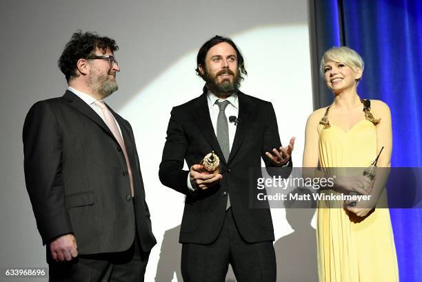 Director Kenneth Lonergan, actor Casey Affleck and actress Michelle Williams speak onstage at the Cinema Vanguard Award during the 32nd Santa Barbara...