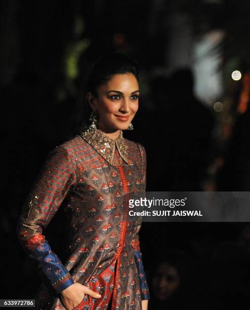Indian Bollywood actress Kiara Advani attends the Grand Finale of the Lakme Fashion Week Summer Resort 2017 in Mumbai on February 5, 2017. / AFP /...