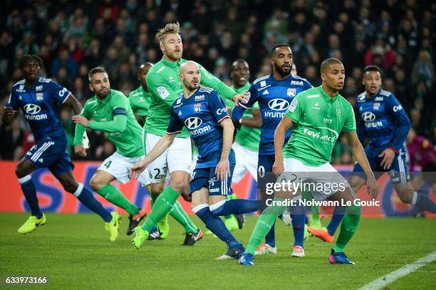 Alexander Soderlund of Saint Etienne and Kevin Monnet Paquet of Saint Etienne and Christophe Jallet Alexandre Lacazette of Lyon during the Ligue 1...