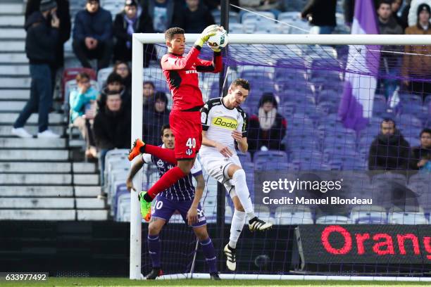 Alban Lafont of Toulouse makes a save during the Ligue 1 match between Toulouse Fc and Angers Sco at Stadium Municipal on February 5, 2017 in...