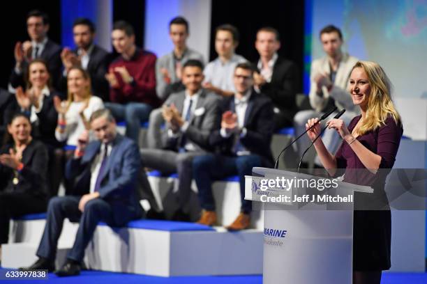 Marion Marechal Le Pen speaks during launch of her mother's Presidential campaign in the Centre de Congres on February 4, 2017 in Lyon, France. One...