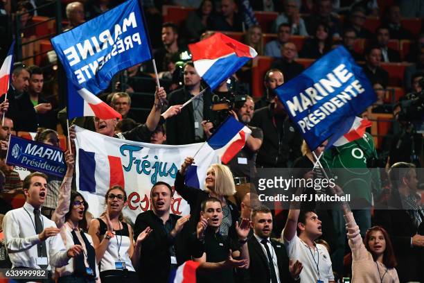Far right supporters attend the launch of National Front Leader Marine Le Pen presidential campaign launch on February 5, 2017 in Lyon, France. One...