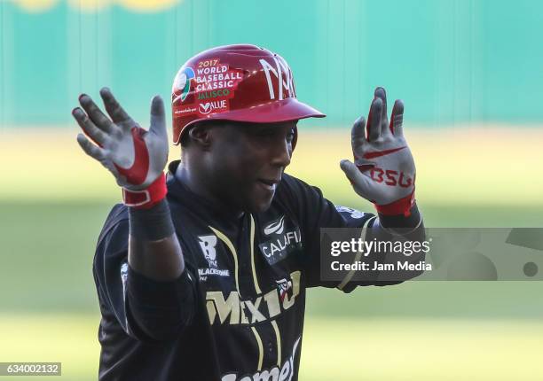 Yuniesky Betancourt of Mexico celebrates during a game between Aguilas de Mexicali of Mexico and Alacranes de Granma of the Cuba in the Baseball...