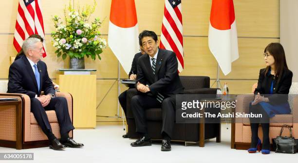 Secretary of Defense James Mattis talks with Japanese Prime Minister Shinzo Abe and Defense Minister Tomomi Inada during their meeting at Abe's...