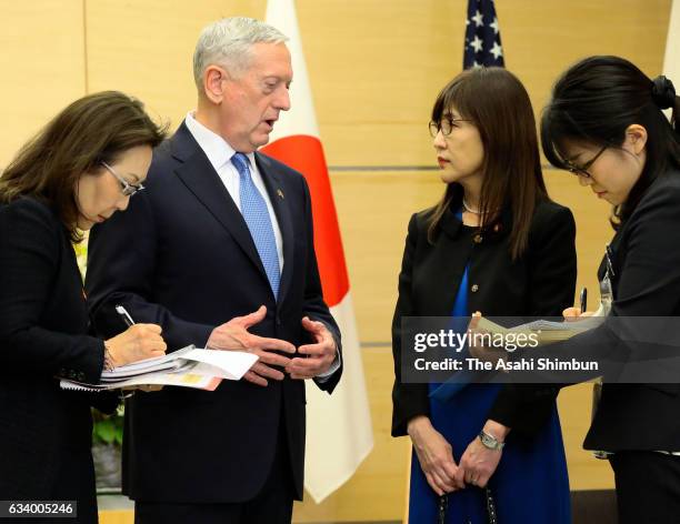 Secretary of Defense James Mattis talks to Japanese Defense Minister Tomomi Inada prior to their meeting with Japanese Prime Minister Shinzo Abe at...