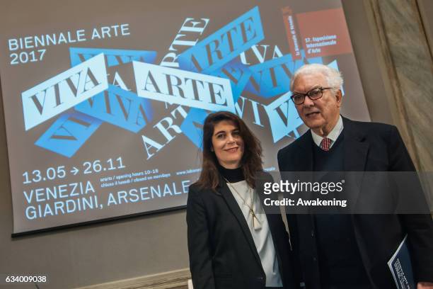 Christine Macel and Paolo Baratta, curator and president of the 57th Venice Biennale Art, attend at the press conference at Ca' Giustinian on...