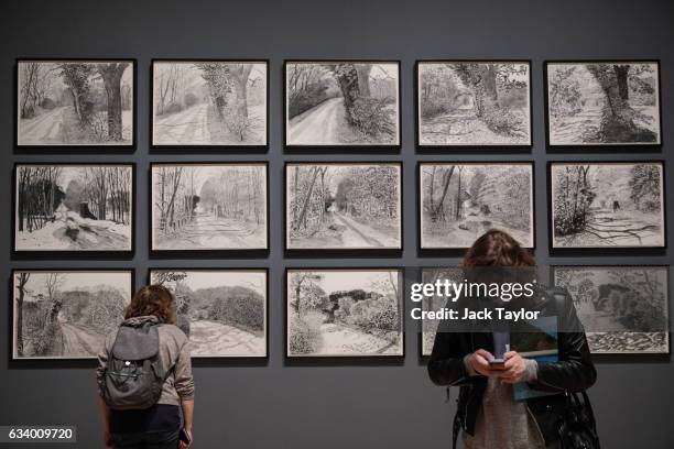 Visitors are pictured in front of 'The Arrival of Spring in 2013', 2013 by David Hockney during a press preview for the British artist's...