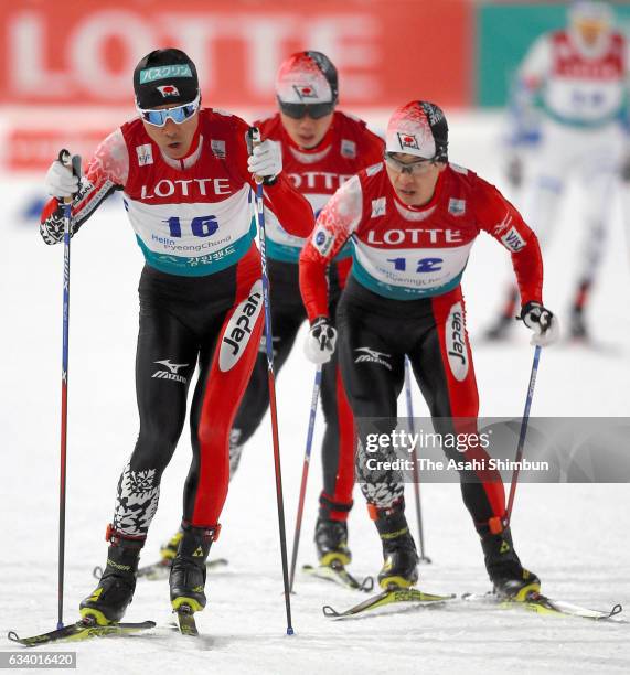 Akito Watabe, Taihei Kato and Hideaki Nagai of Japan compete in the cross coutnry skiing of the Men's Gundersen LH HS140/10.0 K during day one of the...