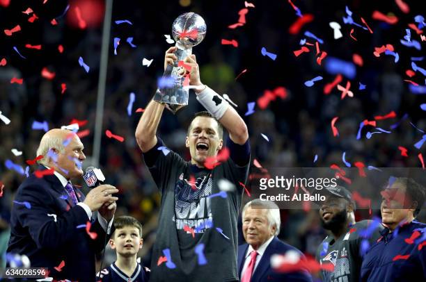 Tom Brady of the New England Patriots celebrates after the Patriots celebrates after the Patriots defeat the Atlanta Falcons 34-28 during Super Bowl...