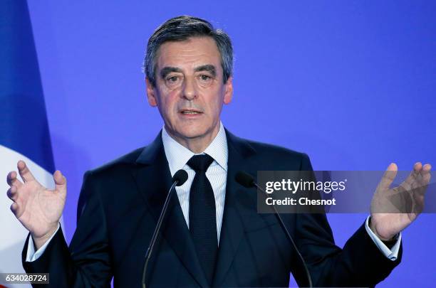 Former French prime minister and French presidential election candidate for the right-wing "Les Republicains" party Francois Fillon speaks to the...