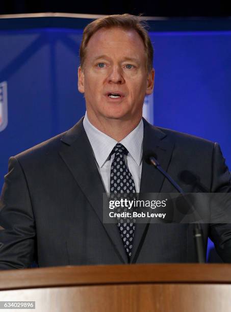 Commissioner Roger Goodell addresses the media at the Super Bowl Winner and MVP press conference on February 6, 2017 in Houston, Texas.