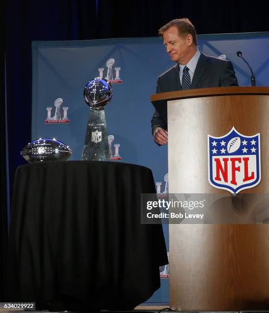 Commissioner Roger Goodell addresses the media at the Super Bowl Winner and MVP press conference on February 6, 2017 in Houston, Texas.
