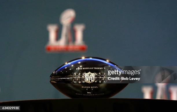 The Pete Rozelle Trophy given to the Super Bowl MVP sits on a table during the Super Bowl Winner and MVP press conference on February 6, 2017 in...