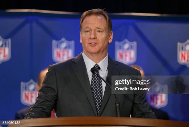 Commissioner Roger Goodell addresses the media at the Super Bowl Winner and MVP press conference on February 6, 2017 in Houston, Texas.