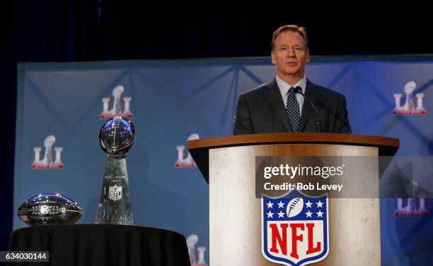 Commissioner Roger Goodell addresses the media at the Super Bowl Winner and MVP press conference on February 6, 2017 in Houston, Texas.