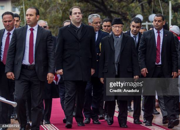 Tunisian President Beji Caid Essebsi and Tunisian Prime Minister Youssef Chahed attend the ceremony held for the 4th death anniversary of assasinated...