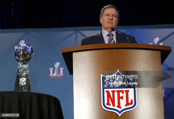 Head coach Bill Belichick of the New England Patriots talks to the media about their win over the Atlanta Falcons in Super Bowl LI at the Super Bowl...