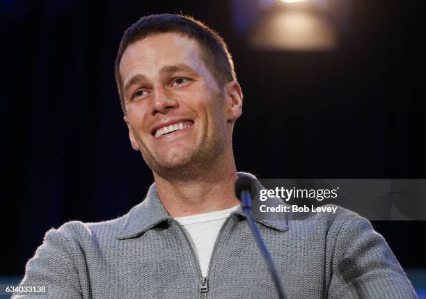 Super Bowl LI MVP Tom Brady talks with the media about their win over the Atlanta Falcons at the Super Bowl Winner and MVP press conference on...