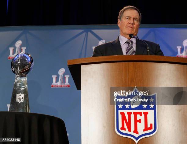 Head coach Bill Belichick of the New England Patriots talks to the media about their win over the Atlanta Falcons in Super Bowl LI at the Super Bowl...