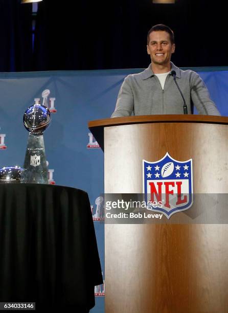 Super Bowl LI MVP Tom Brady talks with the media about their win over the Atlanta Falcons at the Super Bowl Winner and MVP press conference on...