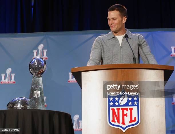 Super Bowl LI MVP Tom Brady talks with the media about their win over the Atlanta Falcons at the Super Bowl Winner and MVP press conference on...