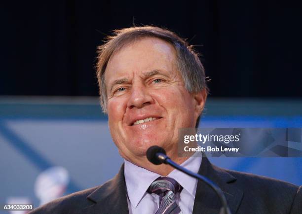 Head coach Bill Belichick of the New England Patriots talks to the media about their win over the Atlanta Falcons in Super Bowl LI at the Super Bowl...