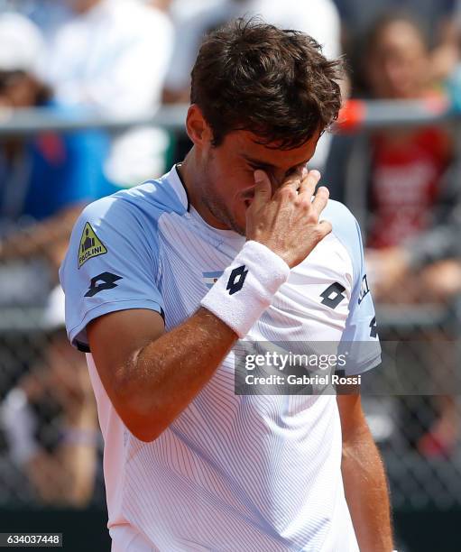 Guido Pella of Argentina gestures during a singles match as part of day 3 of the Davis Cup 1st round match between Argentina and Italy at Parque...