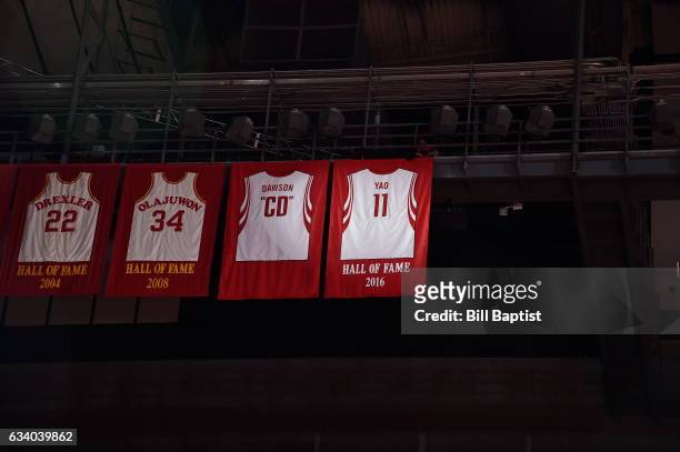 Yao Ming jersey hung in the rafters during his retirement ceremony at halftime of the game between the Houston Rockets and the Chicago Bulls on...