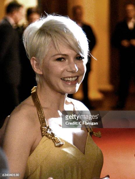 Actress Michelle Williams speaks with a local reporter before the Cinema Vanguard presentation during the 32nd Santa Barbara International Film...