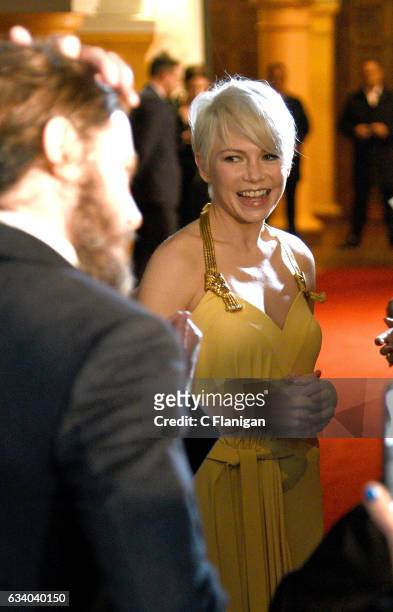 Actress Michelle Williams speaks with a local reporter before the Cinema Vanguard presentation during the 32nd Santa Barbara International Film...