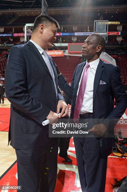 Legends, Yao Ming and Dikembe Mutumbo speak during his jersey retirement ceremony during the Chicago Bulls game against the Houston Rockets on...