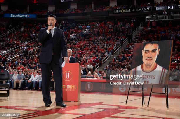 Legend, Yao Ming speaks to the crowd during his jersey retirement ceremony during the Chicago Bulls game against the Houston Rockets on February 3,...