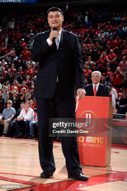 Legend, Yao Ming speaks to the crowd during his jersey retirement ceremony during the Chicago Bulls game against the Houston Rockets on February 3,...