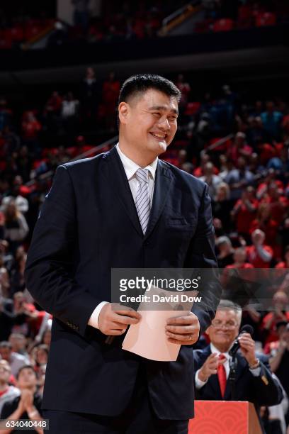 Legend, Yao Ming smiles during his jersey retirement ceremony during the Chicago Bulls game against the Houston Rockets on February 3, 2017 at the...
