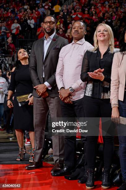 Former NBA players, Tracy McGrady and Steve Francis attend the Chicago Bulls game against the Houston Rockets on February 3, 2017 at the Toyota...