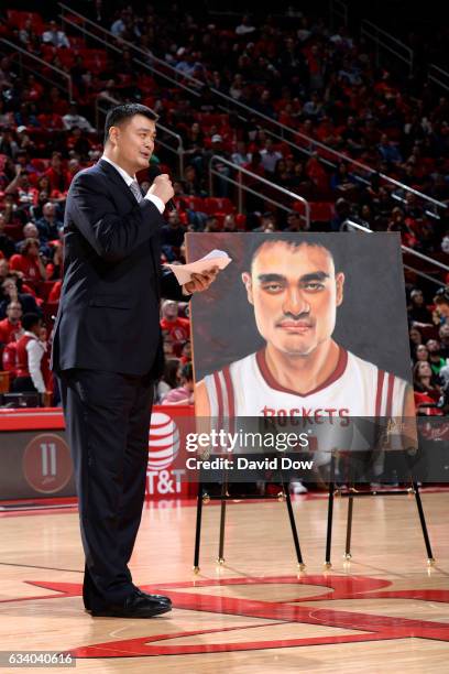 Legend, Yao Ming speaks to the crowd during his jersey retirement ceremony during the Chicago Bulls game against the Houston Rockets on February 3,...