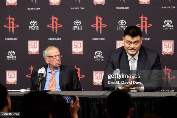 Owner of the Houston Rockets, Leslie Alexander and NBA Legend, Yao Ming speak to the media during a press conference before the Chicago Bulls game...