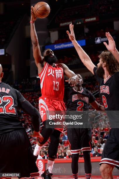 James Harden of the Houston Rockets drives to the basket against the Chicago Bulls during the game on February 3, 2017 at the Toyota Center in...