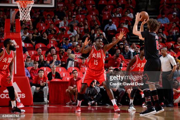 Clint Capela of the Houston Rockets plays defense against the Chicago Bulls on February 3, 2017 at the Toyota Center in Houston, Texas. NOTE TO USER:...