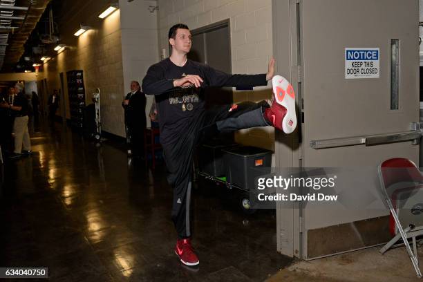 Paul Zipser of the Chicago Bulls stretches in the hall before the game against the Houston Rockets on February 3, 2017 at the Toyota Center in...