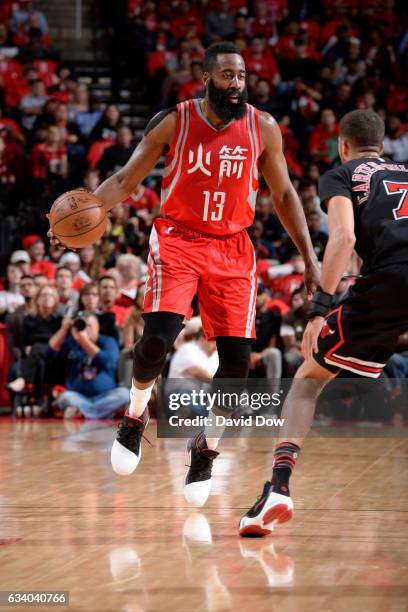 James Harden of the Houston Rockets dribbles the ball against the Chicago Bulls during the game on February 3, 2017 at the Toyota Center in Houston,...