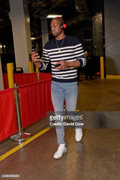 Dwyane Wade of the Chicago Bulls arrives at the Toyota Center before the game against the Houston Rockets on February 3, 2017 in Houston, Texas. NOTE...