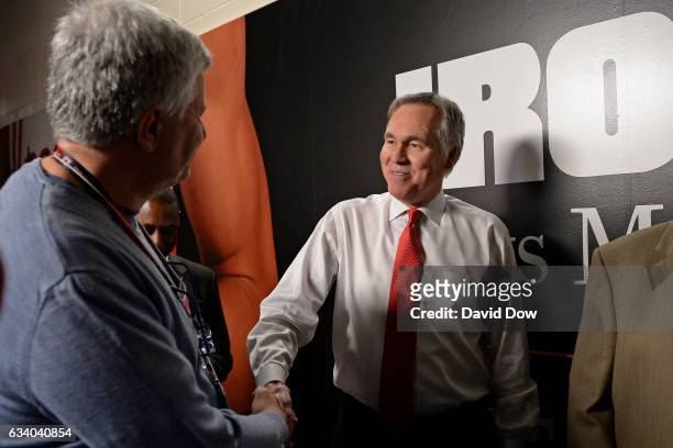 Mike D'Antoni of the Houston Rockets shakes hands after the game against the Chicago Bulls on February 3, 2017 at the Toyota Center in Houston,...