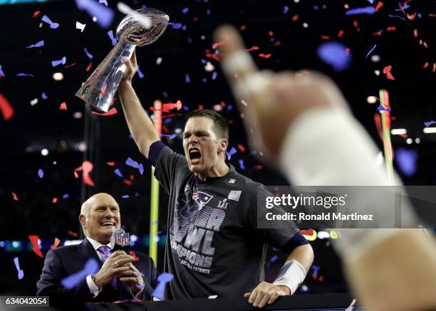 Tom Brady of the New England Patriots celebrates after the Patriots celebrates after the Patriots defeat the Atlanta Falcons 34-28 during Super Bowl...