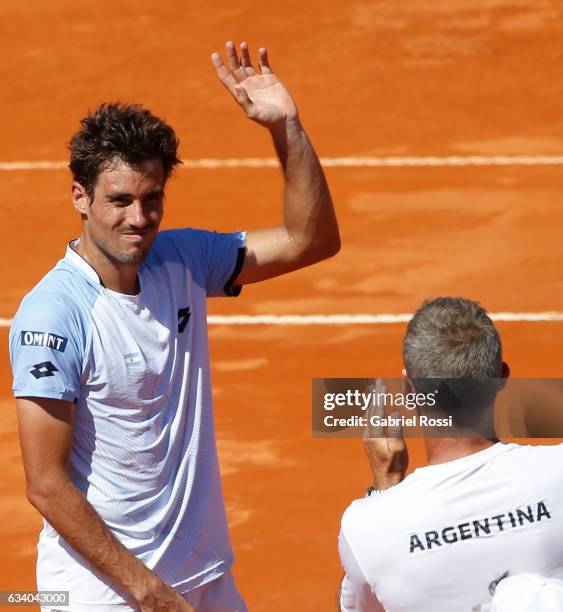 Guido Pella of Argentina greets the crowd after the singles match between Guido Pella and Fabio Fognini as part of day 3 of the Davis Cup 1st round...