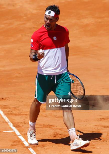 Fabio Fognini of Italy celebrates a point during a singles match as part of day 3 of the Davis Cup 1st round match between Argentina and Italy at...