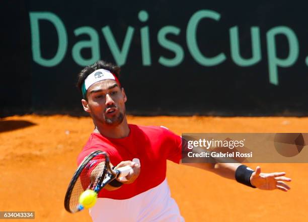 Fabio Fognini of Italy takes a forehand shot during a singles match between Guido Pella and Fabio Fognini as part of day 3 of the Davis Cup 1st round...