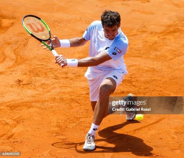 Guido Pella of Argentina takes a backhand shot during a singles match between Guido Pella and Fabio Fognini as part of day 3 of the Davis Cup 1st...