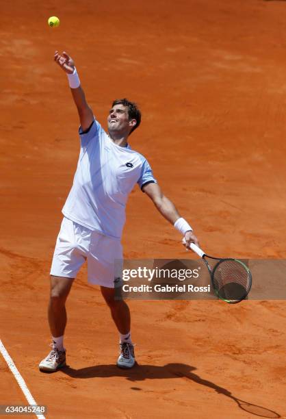 Guido Pella of Argentina serves during a singles match as part of day 3 of the Davis Cup 1st round match between Argentina and Italy at Parque...